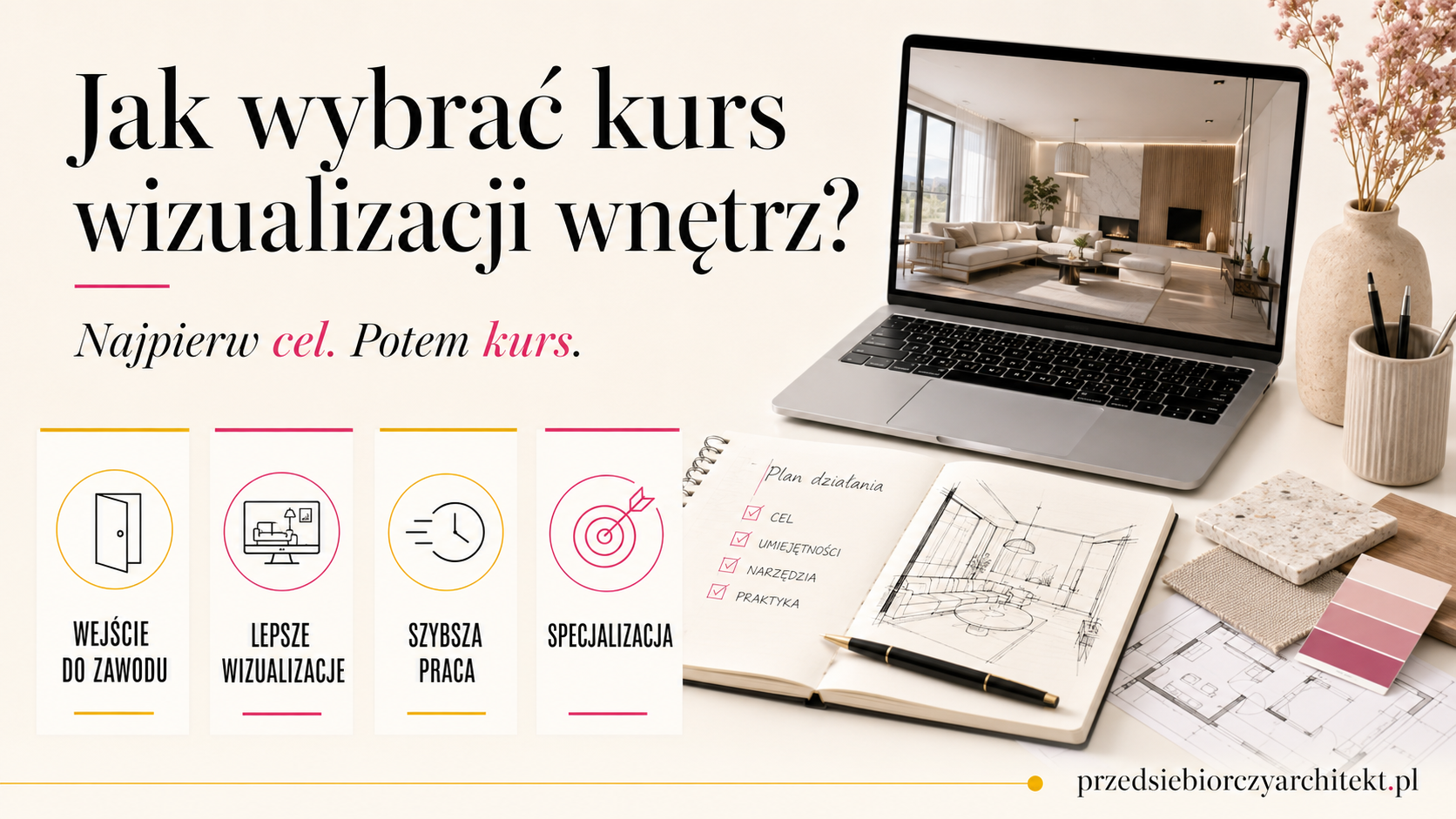 Jak wybrać kurs wizualizacji wnętrz – infografika Jak wybrać kurs wizualizacji wnętrz – cel, program i rozwój projektantki