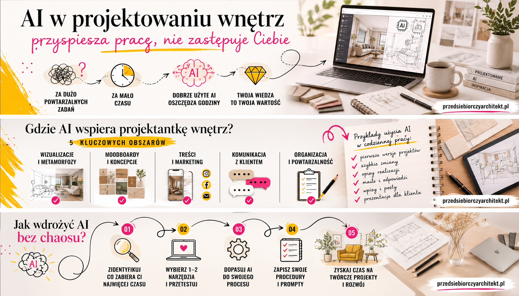 AI w projektowaniu wnętrz jak przyspieszyć pracę bez chaosu infografika